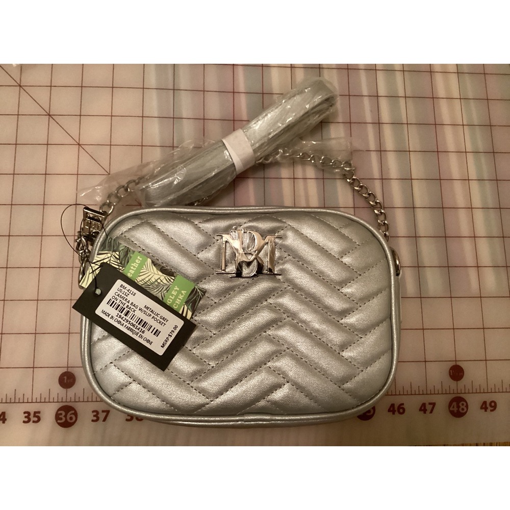 BM Quilted Crossbody Bag‎ Metallic Silver Chain Strap Mini Shoulder Purse